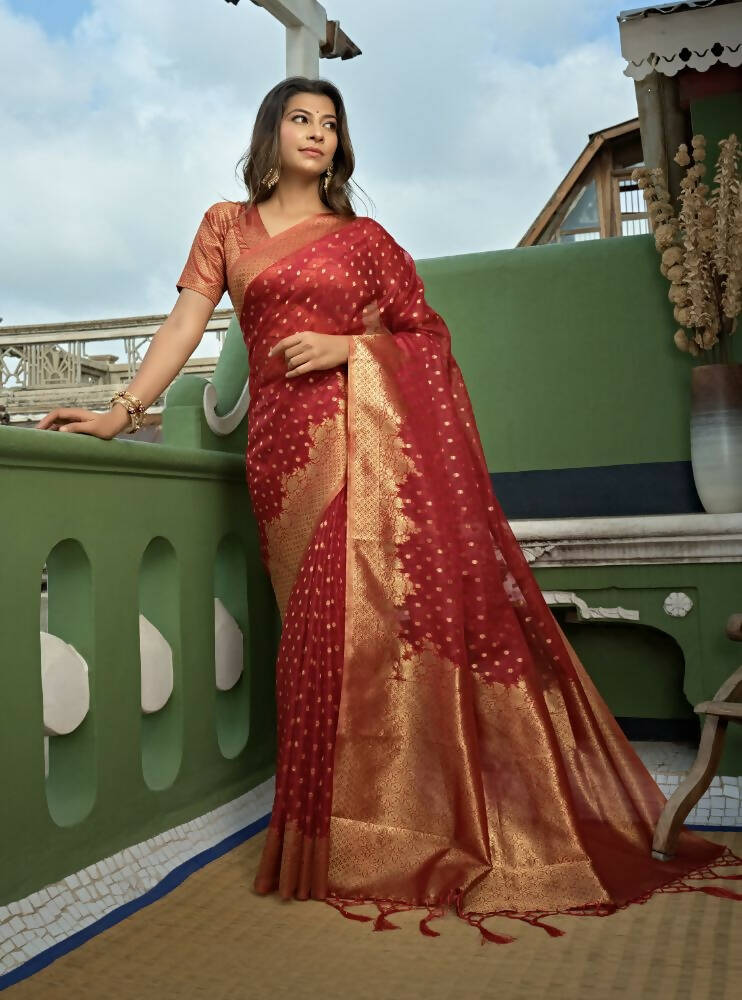 Delightful Designer Maroon Color Organza Silk Saree With Weaving Work - Yomika Fashions - Distacart