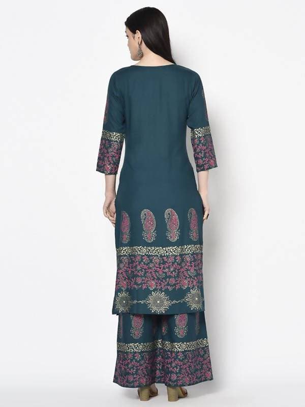 Aniyah Rayon Teal Blue Color Block Print Straight Kurta (AN-224K)