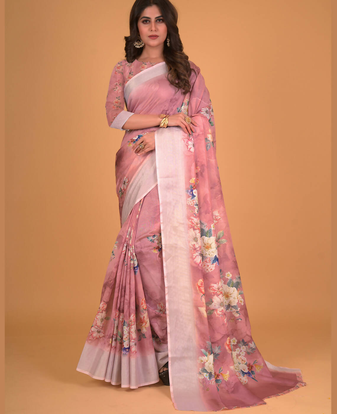 Mauve Cotton Silk Floral Printed Saree With Unstitched Blouse Piece - Akshita - Distacart