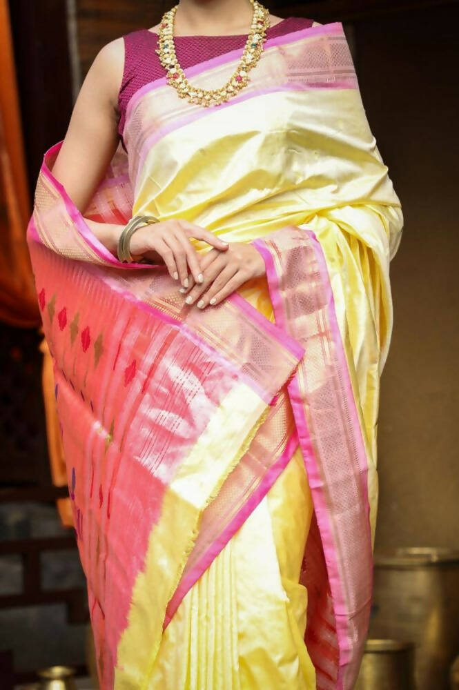 Very Much Indian Handloom Pure Silk Paithani Pastel Light Yellow - Distacart