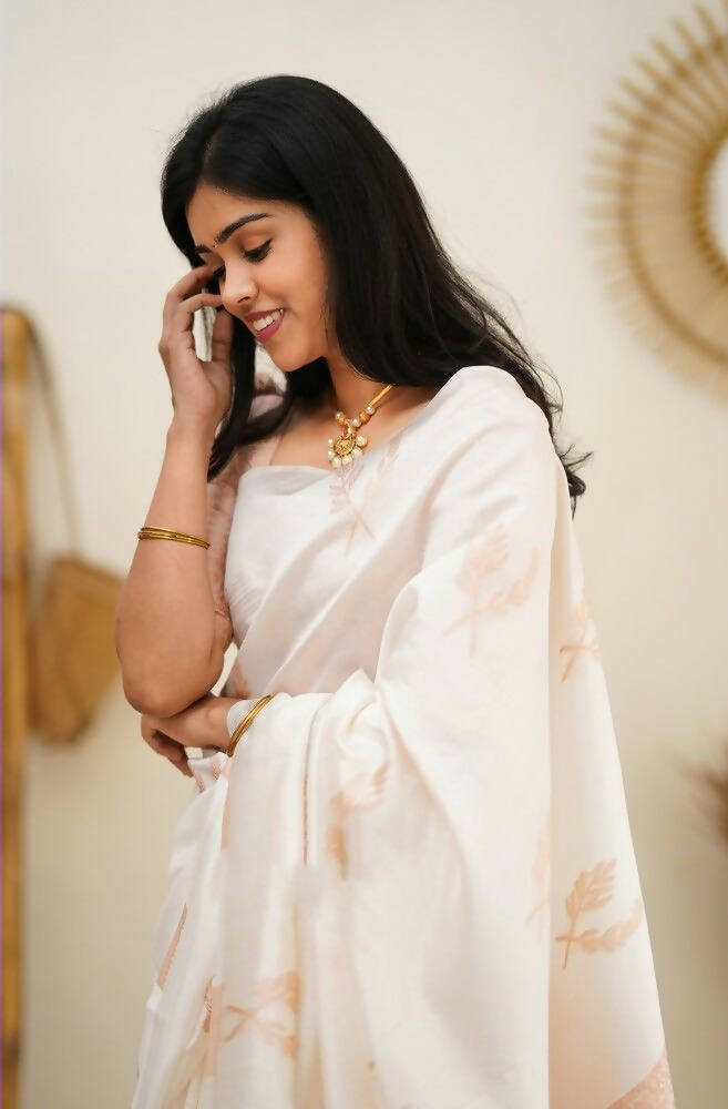 DEIANA'S Beautiful Golden Jari with New Design Soft Lichi Silk Saree - White - Distacart