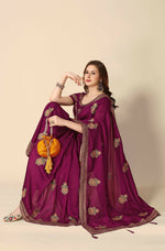 Thumbnail for Wine Chinon Embroidered Saree with Unstitched Blouse Piece - Roozal - Distacart