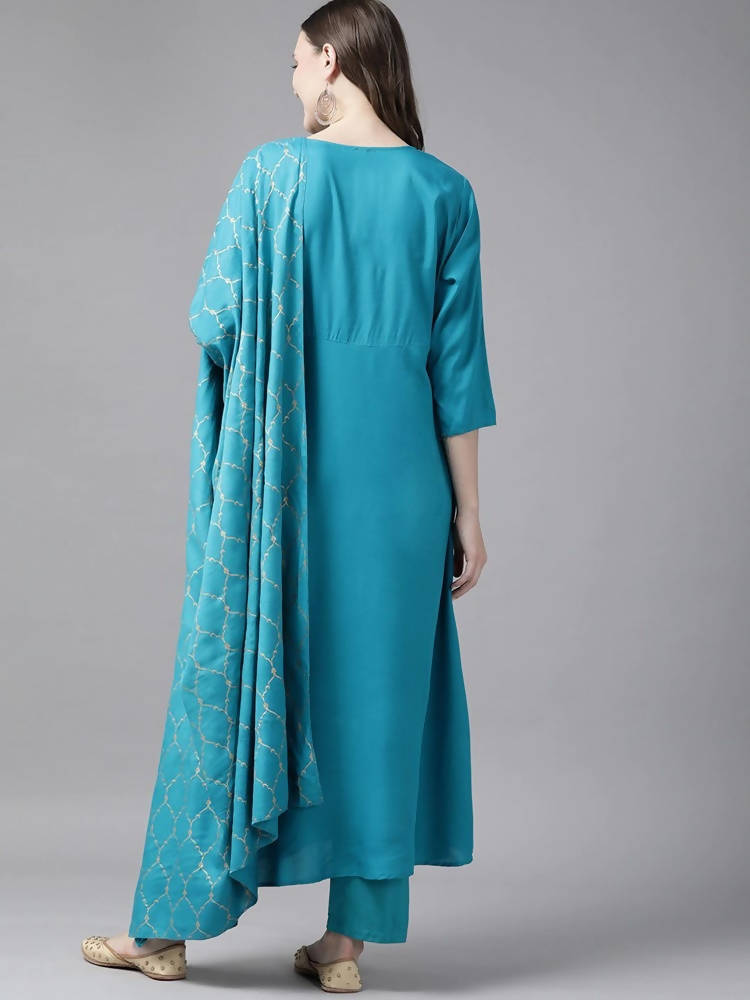 Yufta Women Teal Blue Solid Kurta with Trouser and Dupatta