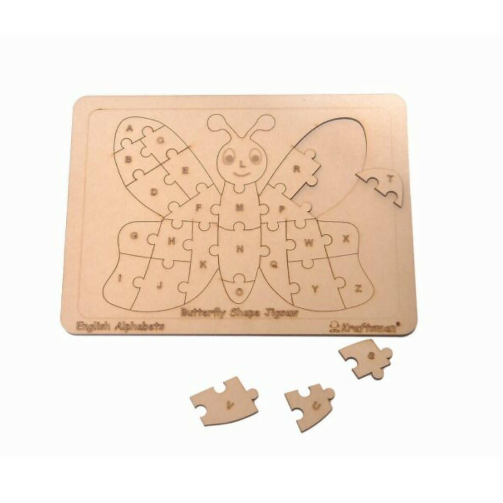 Kraftsman English Alphabets Wooden Jigsaw Puzzles Butterfly Shape Puzzle | Color Kit Included - Distacart