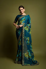 Thumbnail for Malishka Women's Rama Georgette Chiffon Floral Print & Embroidery Saree With Blouse Piece - Distacart