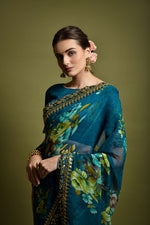Thumbnail for Malishka Women's Rama Georgette Chiffon Floral Print & Embroidery Saree With Blouse Piece - Distacart