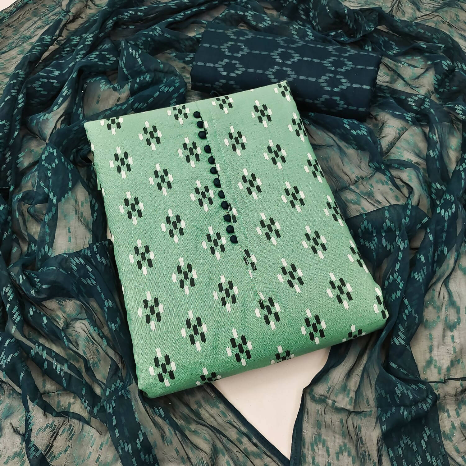 Sea Green Cotton Printed Unstitched Dress Material - Amara - Distacart