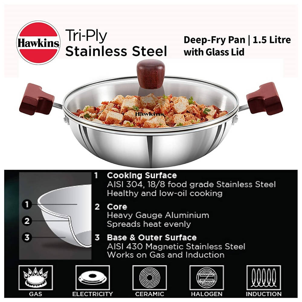 Hawkins Tri-Ply Stainless Steel Deep-Fry Pan with Glass Lid Silver (SSD15G)