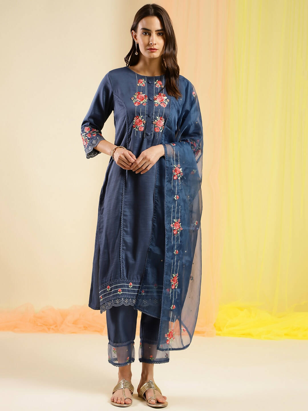 Navy Blue Chinon Embroidered Straight Kurta with Trouser & Dupatta - Salimar - Distacart