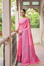 Thumbnail for Vishnu Weaves Women's Pink Handloom Raw Silk Woven Border Saree with Blouse - Distacart