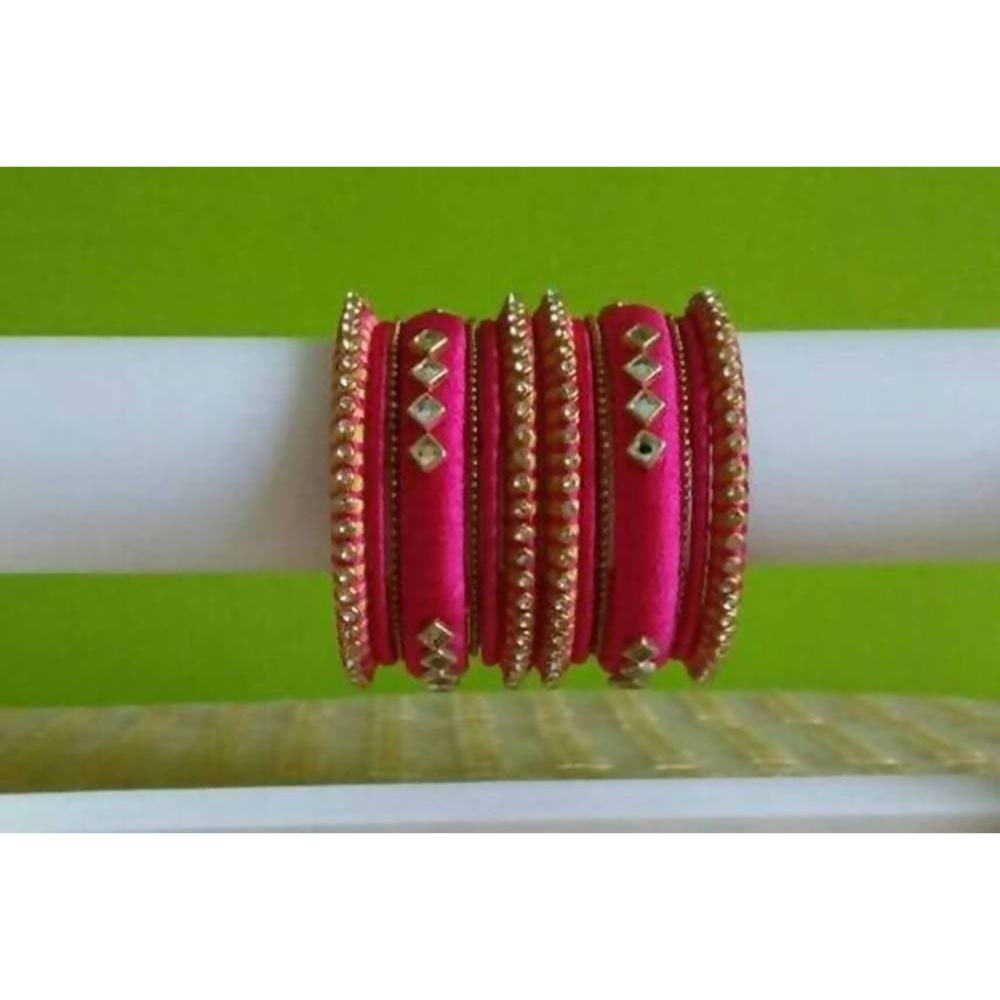 Pink Color with Diamond Shape Stone Silk Threaded Bangles Set of 2 - Distacart