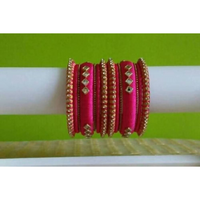 Thumbnail for Pink Color with Diamond Shape Stone Silk Threaded Bangles Set of 2 - Distacart