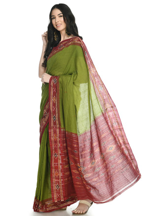 Vamika Sambalpuri Ikat Cotton Rekhabala Buti Green & Red Saree - Distacart