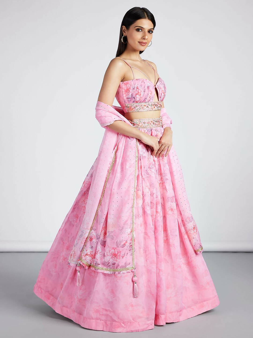 House of Panchhi Coral colour Organza Floral design digital print Semi-Stitched Lehenga choli & Dupatta - Distacart