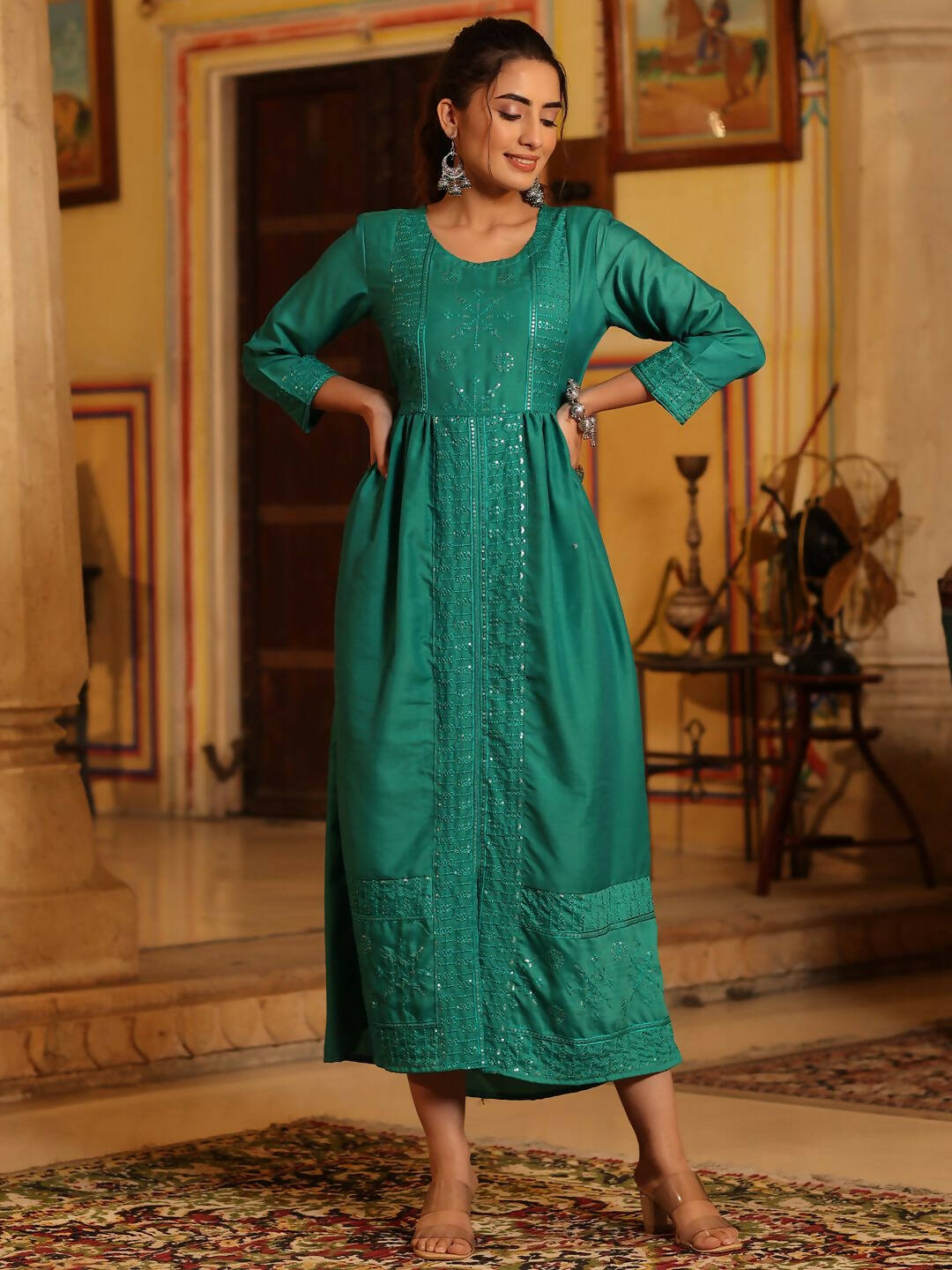 Juniper Women's Teal Festive Embroiderd Flared Dress - Distacart