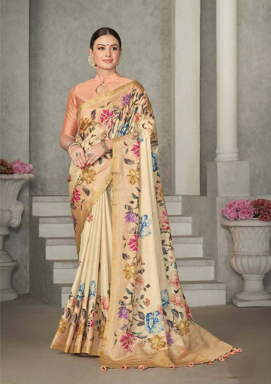 Beige Rangkat Tussar Silk Woven Design Saree with Unstitched Blouse - Mohmanthan Eshani - Distacart