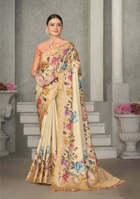 Thumbnail for Beige Rangkat Tussar Silk Woven Design Saree with Unstitched Blouse - Mohmanthan Eshani - Distacart