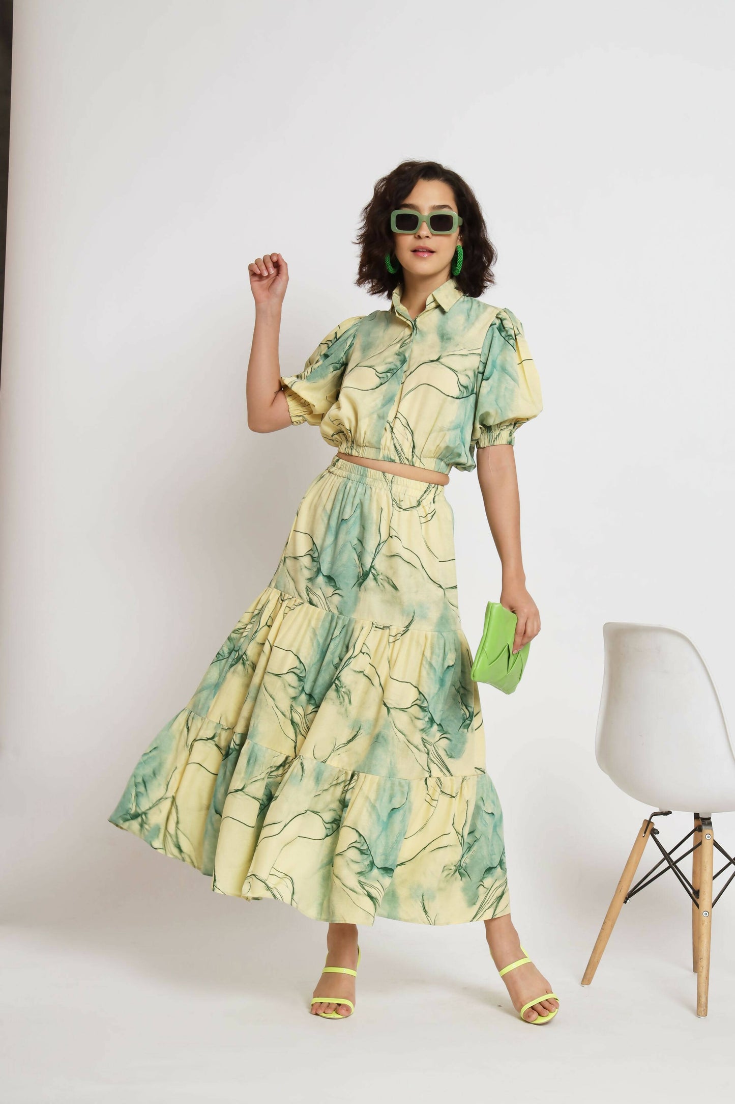Green Rayon Tie dye Printed Top with Matching Skirt - Shivani - Distacart