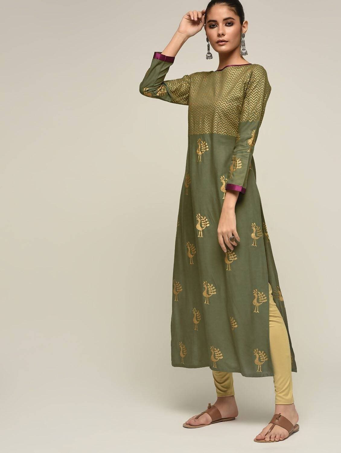 Cheera Hand Block Print Olive green Anarkali Kurta (MAAI-066K)