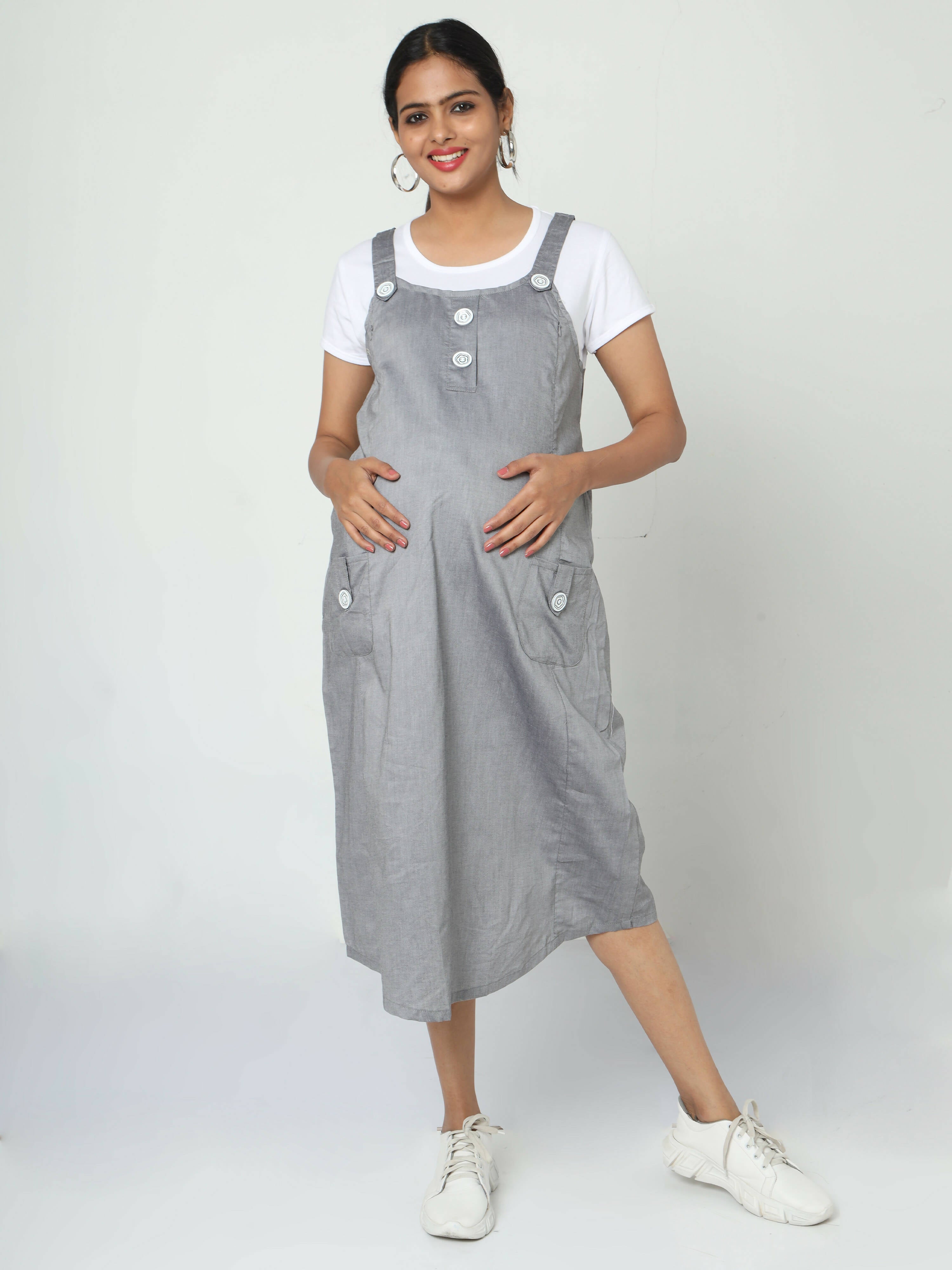 Manet Half Sleeves Solid Maternity Dress With Concealed Zipper Nursing Access - Grey - Distacart