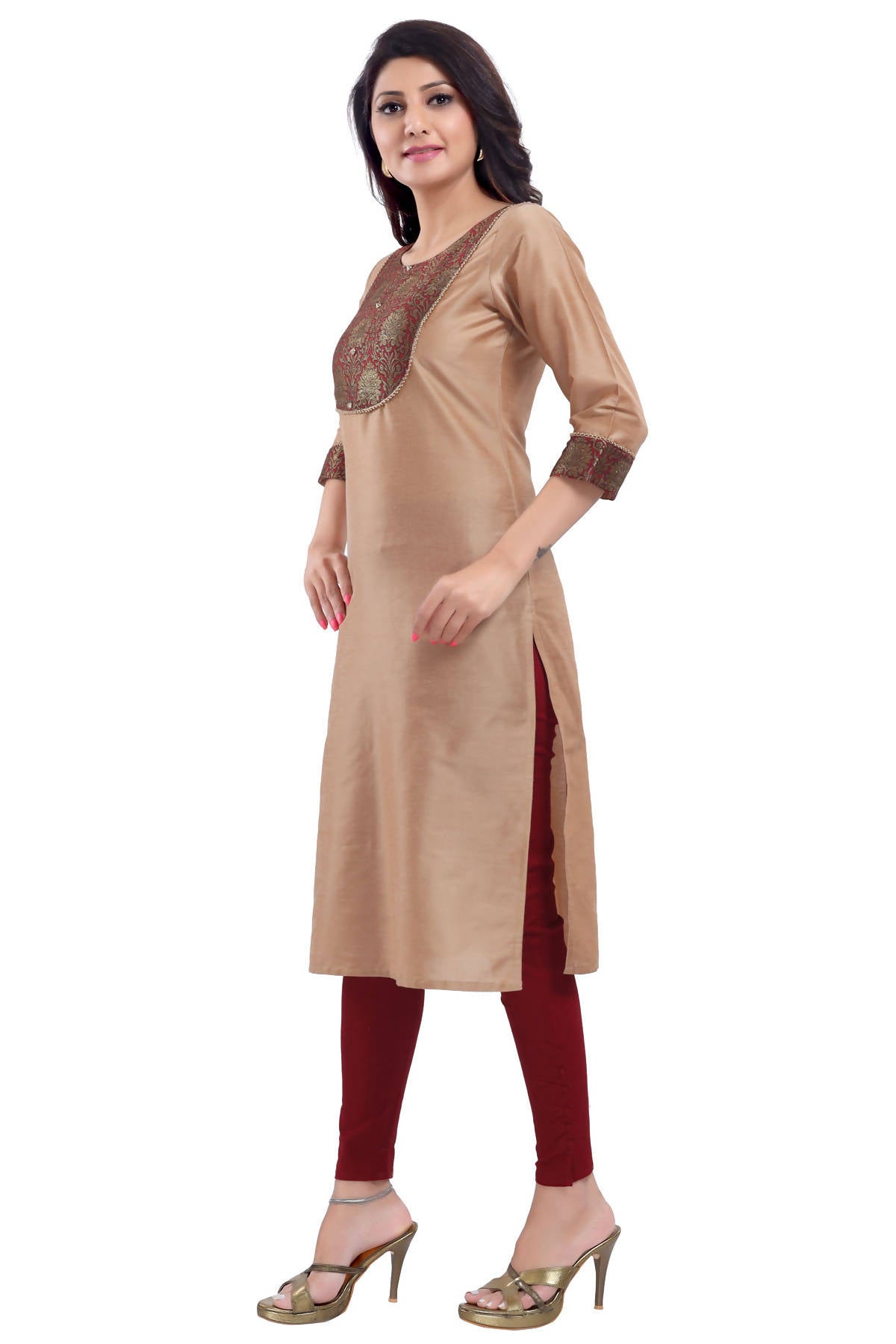 Snehal Creations Beige Cotton Silk Kurti Top - Distacart