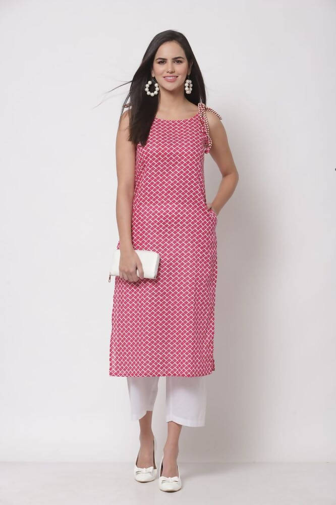 Myshka Women's Pink Printed Sleeveless Cotton Round Neck Dress