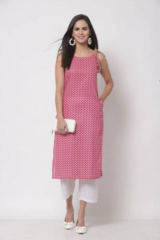 Myshka Women's Pink Printed Sleeveless Cotton Round Neck Dress