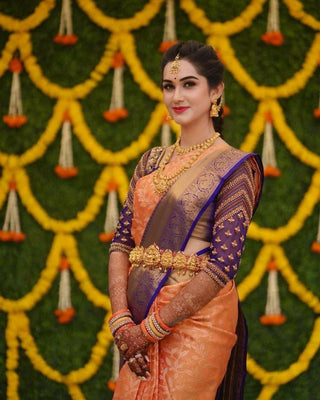 DEIANA'S Beautiful Golden Jari with New Design Soft Lichi Silk Saree - Peach - Distacart