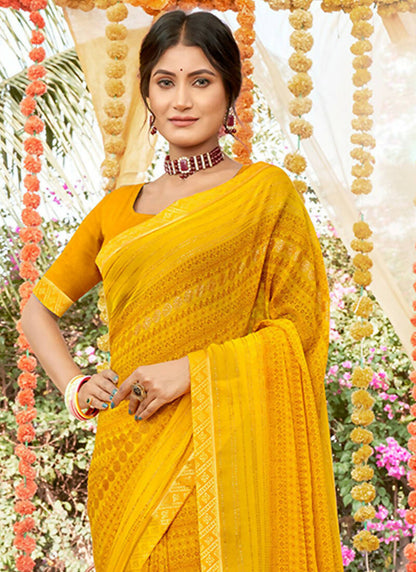 Mustard Georgette Foil Printed Saree with Unstitched Blouse Piece - Avika - Distacart