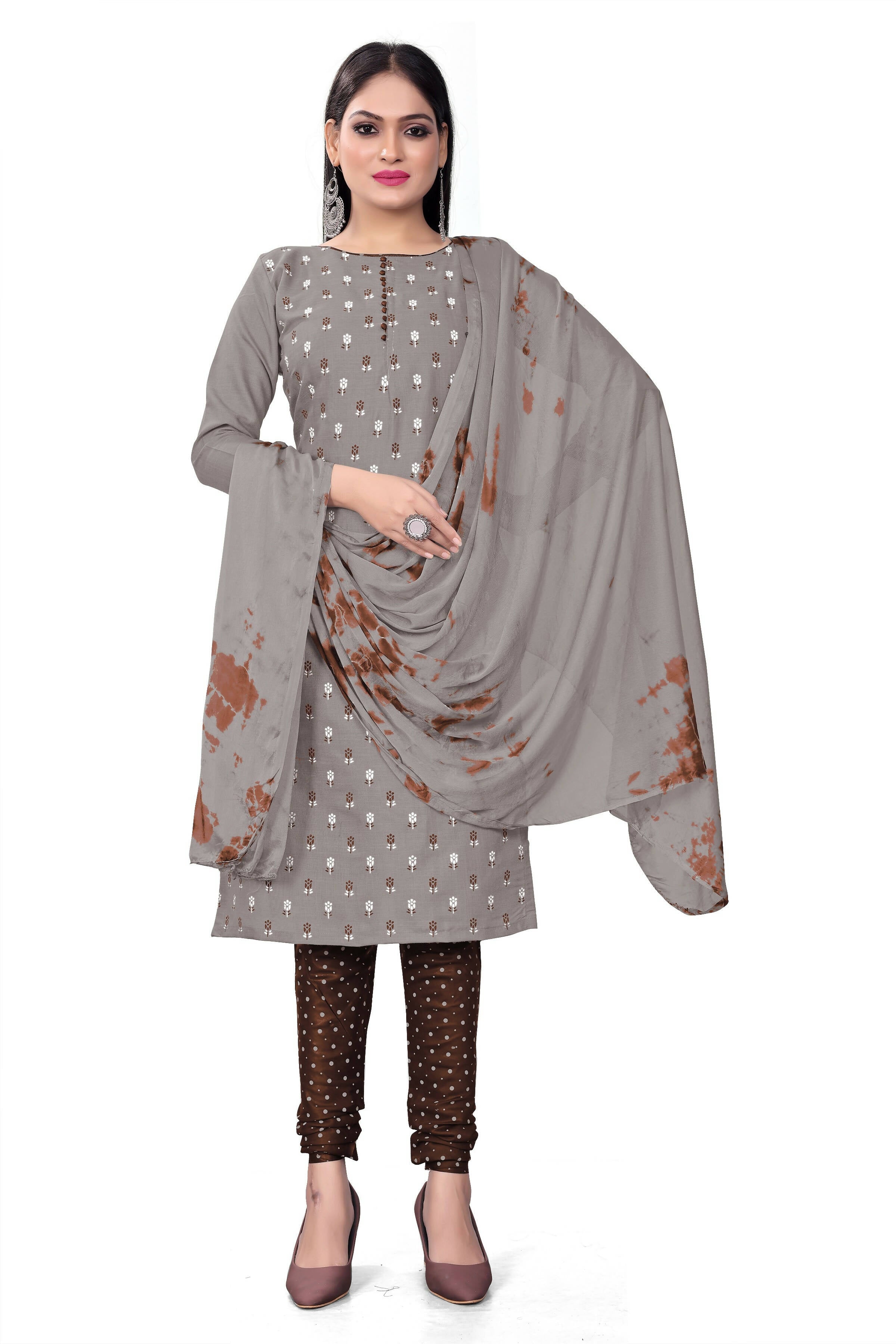 Grey Slab cotton Printed Unstitched Dress Material - Tanvi - Distacart