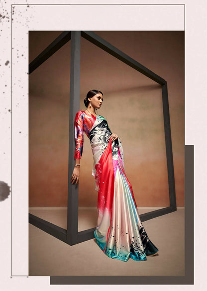 Green Satin Digital Printed Saree with Unstitched Blouse Piece - Jodha - Distacart