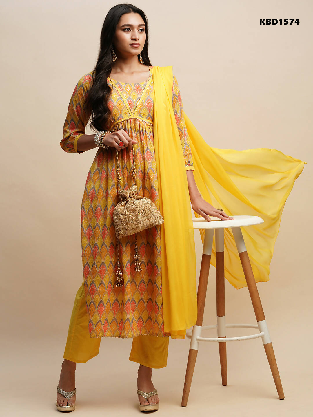 Yellow Pure Cotton Bandhani Printed Naira Cut Kurta And Bottom With Dupatta - Akashara - Distacart