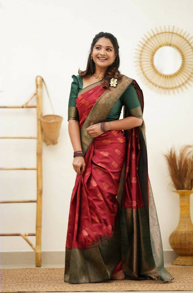 DEIANA'S Beautiful Golden Jari with New Design Soft Lichi Silk Saree - Red - Distacart