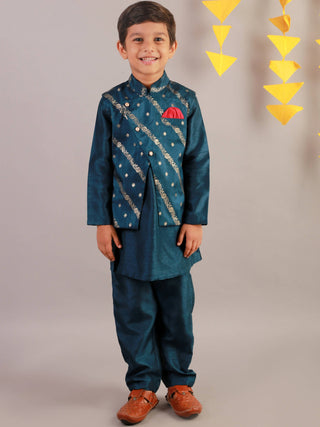 Lil Drama Boys Kurta Pyjama With Jacket Set - Teal Blue - Distacart