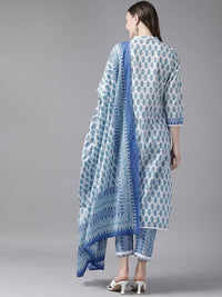 Thumbnail for Yufta Women White & Blue Ethnic Hand Block Print Pure Cotton Kurta with Trouser & Dupatta