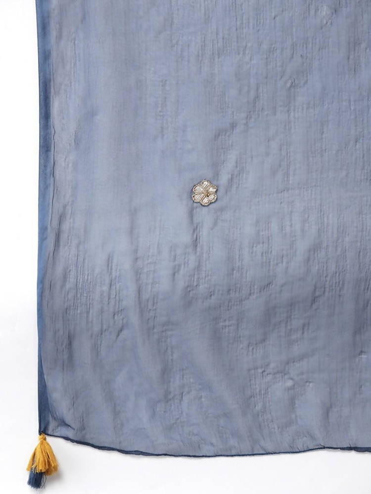 Yufta Women Blue Bandhani Printed Embroidered Detail Cotton Kurta with Trouser & Dupatta