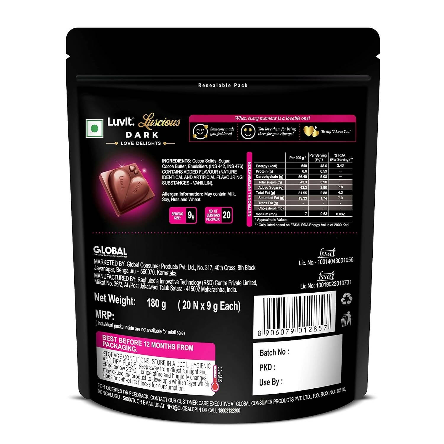 LuvIt Luscious Dark Love Delights - Heart Shaped Chocolate Bars - Distacart
