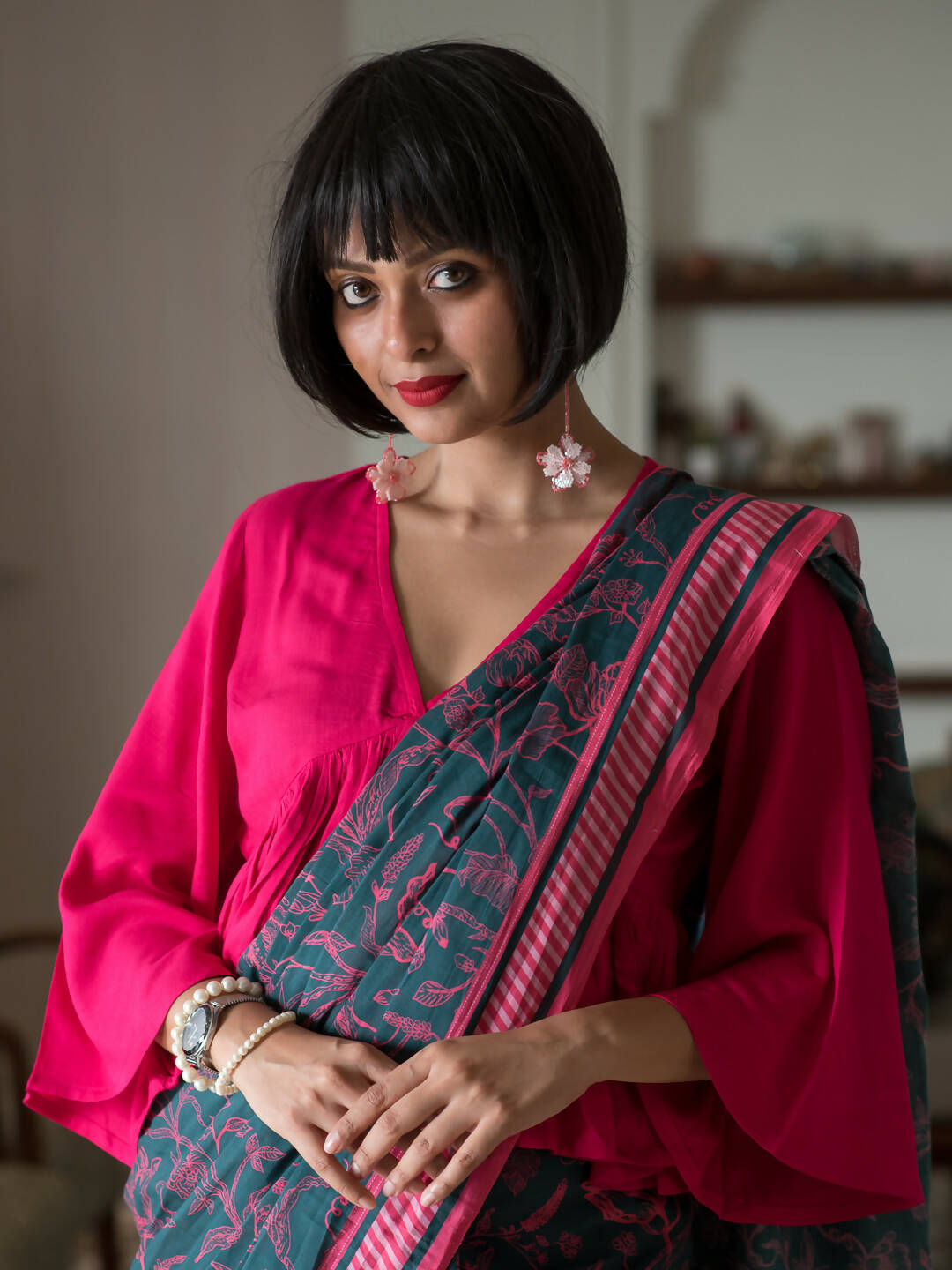 Suta Navy Blue Floral Pure Cotton Saree - Distacart