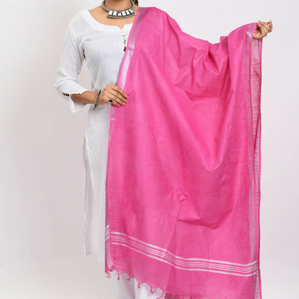 Mominos Fashion Moeza Women's Linen Cotton Silver Border Dark Pink Dupatta - Distacart