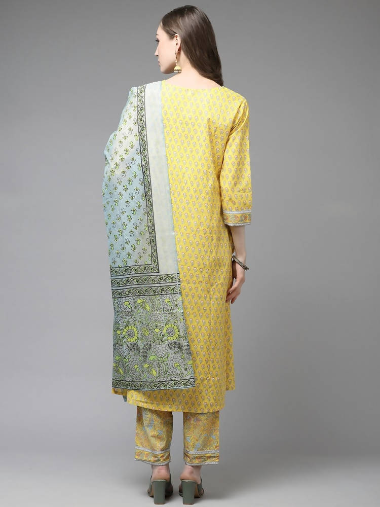 Yufta Yellow and Blue printed kurta with Trouser and Dupatta