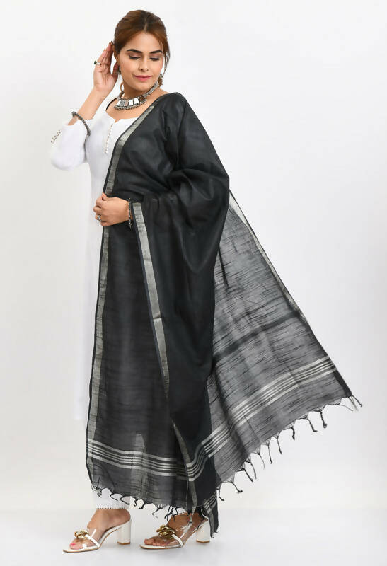 Mominos Fashion Moeza Women's Linen Cotton Silver Border Black Dupatta - Distacart