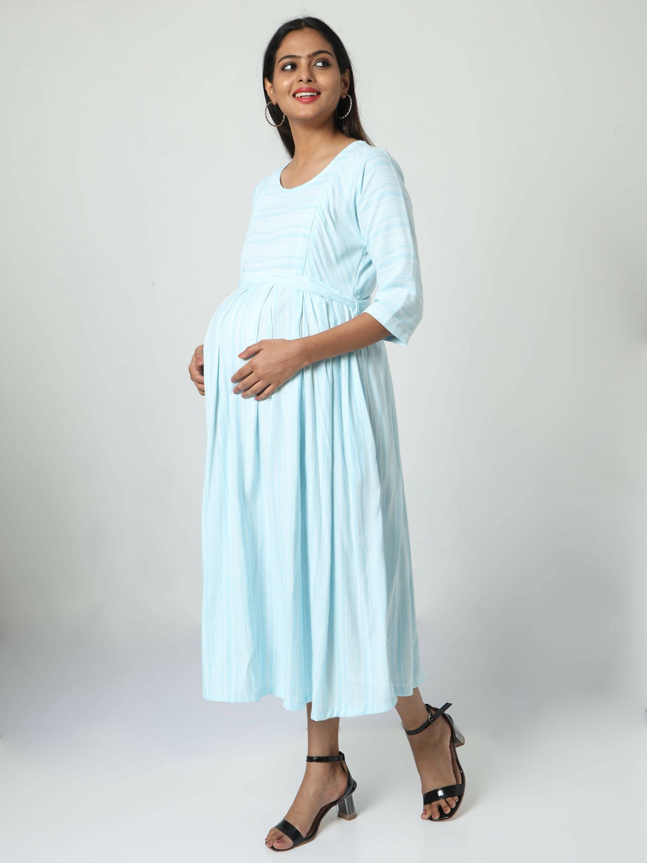 Manet Three Fourth Maternity Dress Striped With Concealed Zipper Nursing Access - Light Blue - Distacart