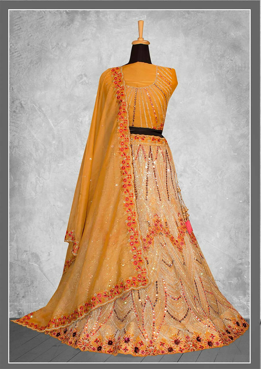 Mustard Net Embroidery & Thread Work Bridal lahenga Choli with Dupatta - Nimaya Pavitra Rista - Distacart