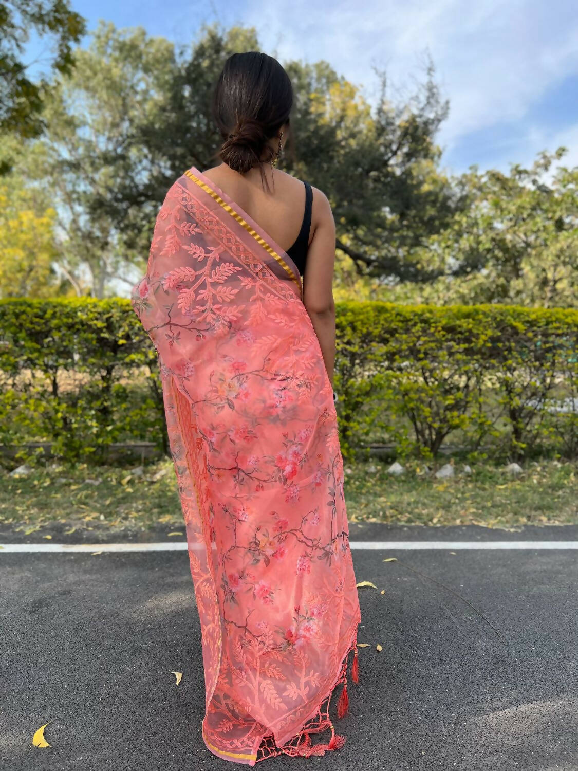 Vamsee Peach Organza Saree - Distacart