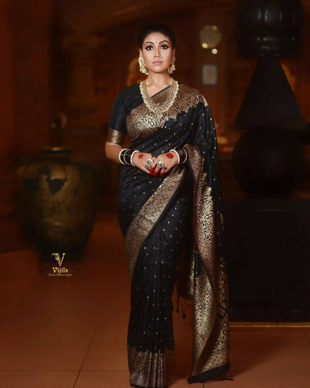 DEIANA'S Beautiful Golden Jari with New Design Soft Lichi Silk Saree - Black - Distacart