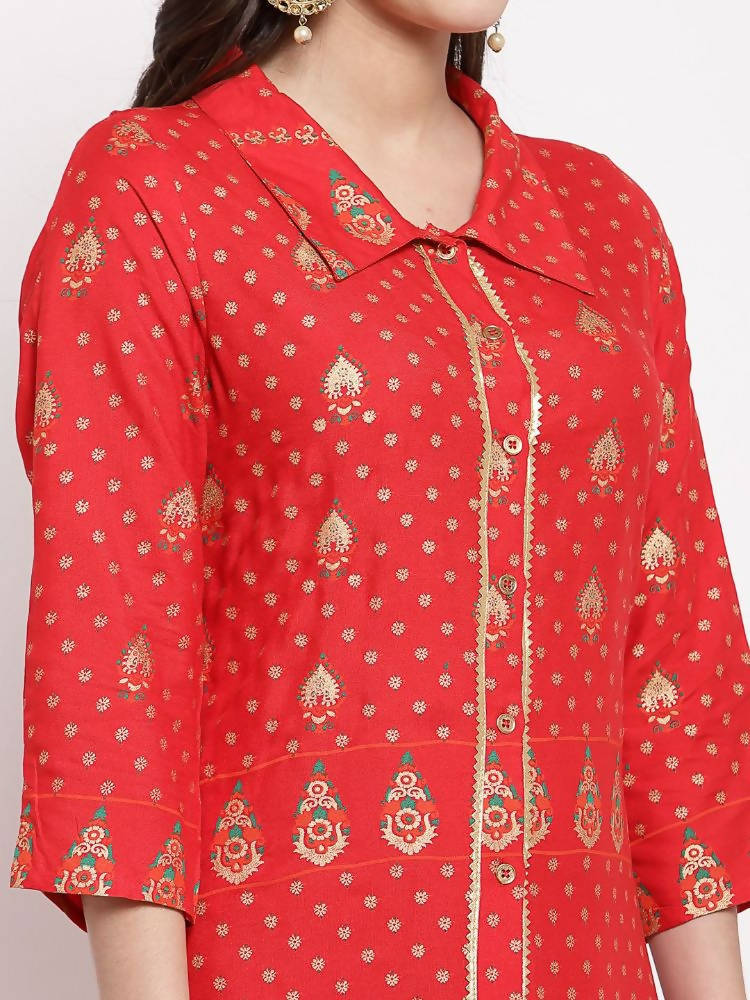 Myshka Women's Red Cotton Printed 3/4 Sleeve Collar Neck Casual Anarkali Kurta
