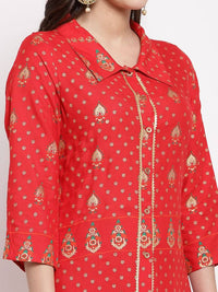 Thumbnail for Myshka Women's Red Cotton Printed 3/4 Sleeve Collar Neck Casual Anarkali Kurta