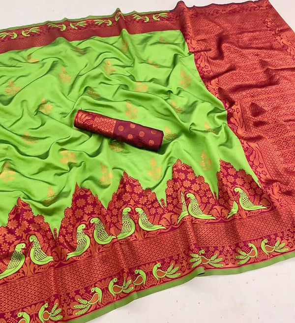 DEIANA'S Beautiful Golden Jari with New Design Soft Lichi Silk Saree - Pista - Distacart