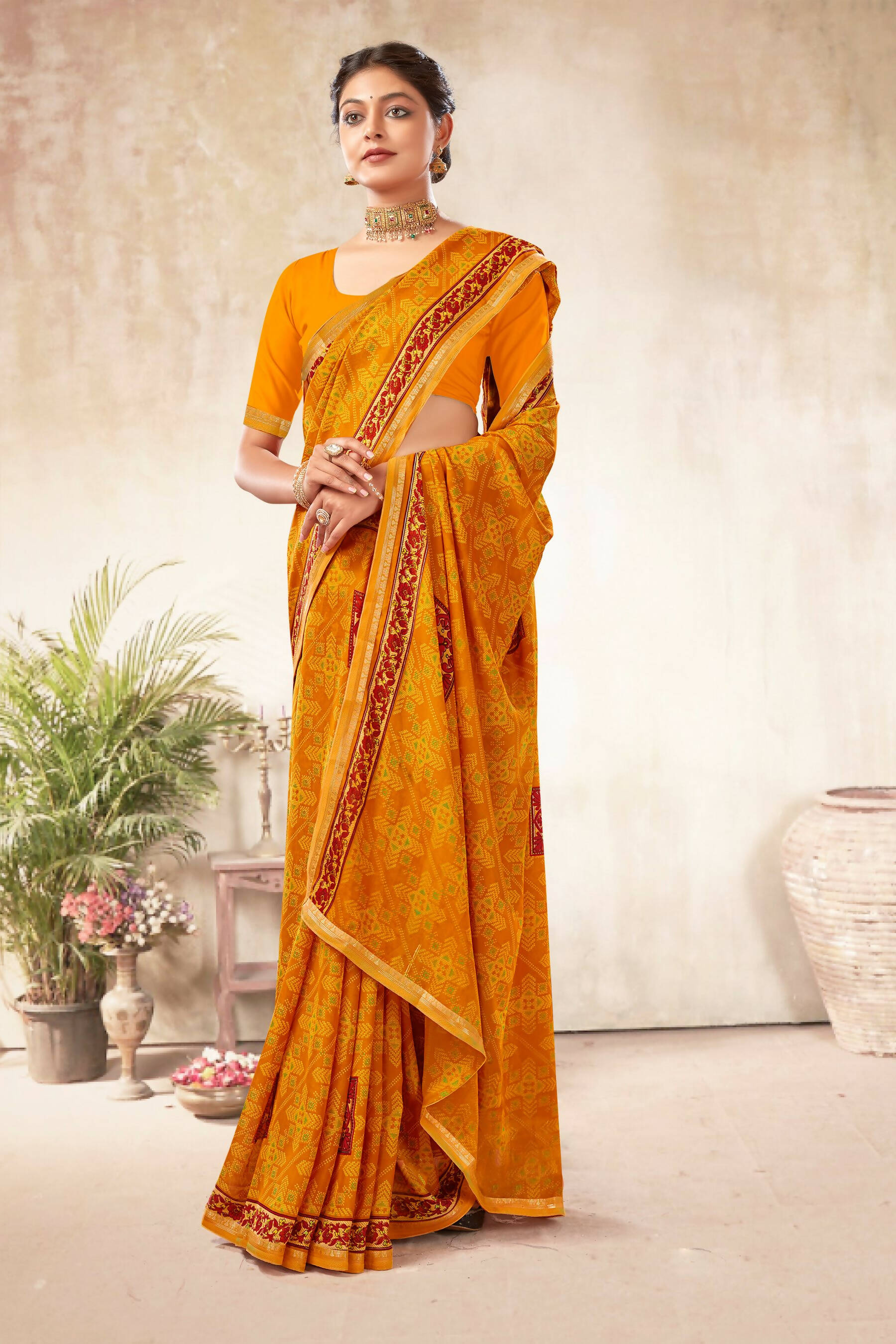 Mustard Georgette Bandhni Printed Saree With Unstitched Blouse Piece - Shanaya - Distacart