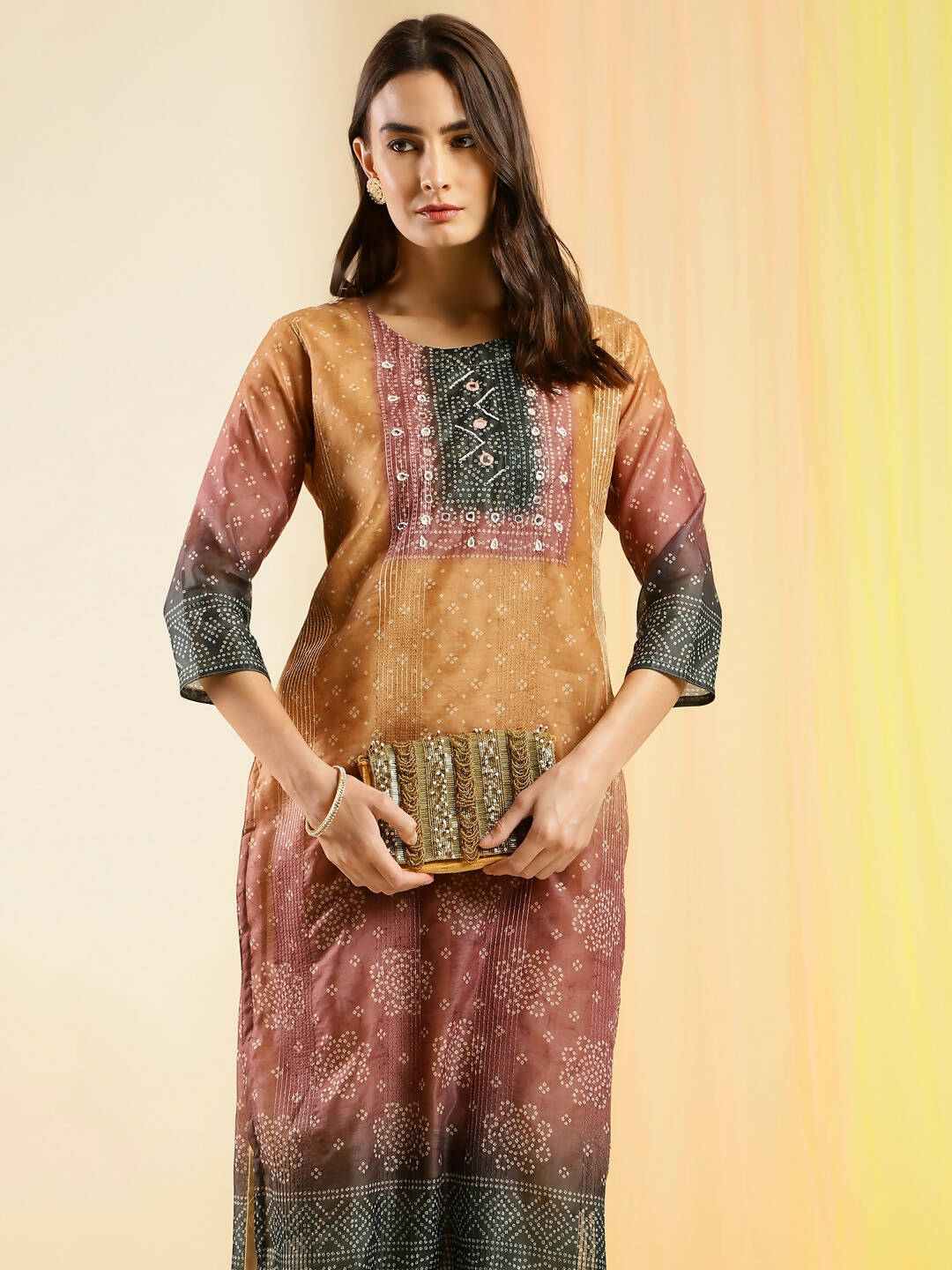 Orange Chinon Digital Printed With Hand Work Kurta - Himanshi - Distacart